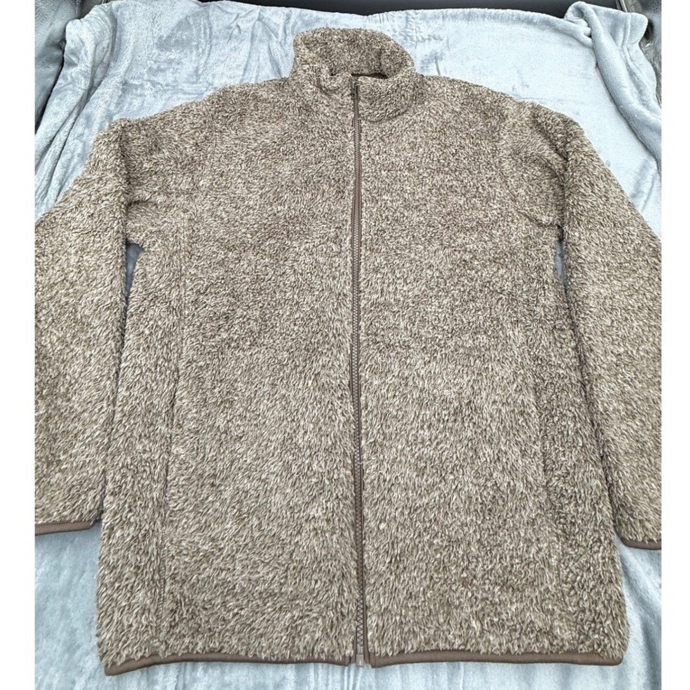 Uniqlo Fluffy Fleece Jacket Womens M Brown Taupe Full Zip High Neck Pockets